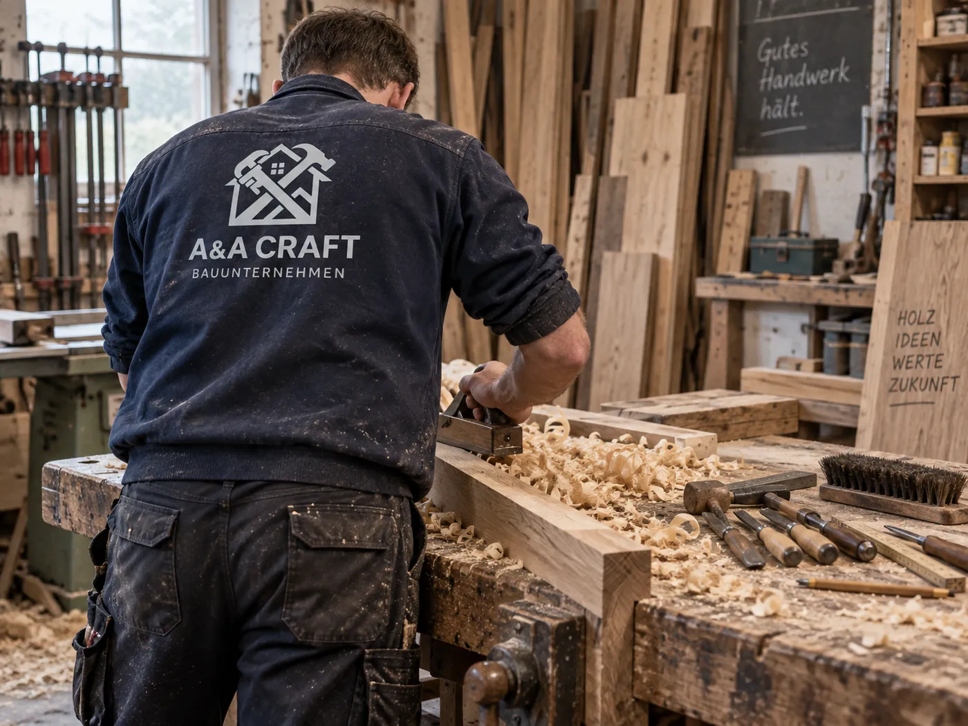 Tischler von A&A Craft hobelt eine Eichenbohle in der eigenen Werkstatt